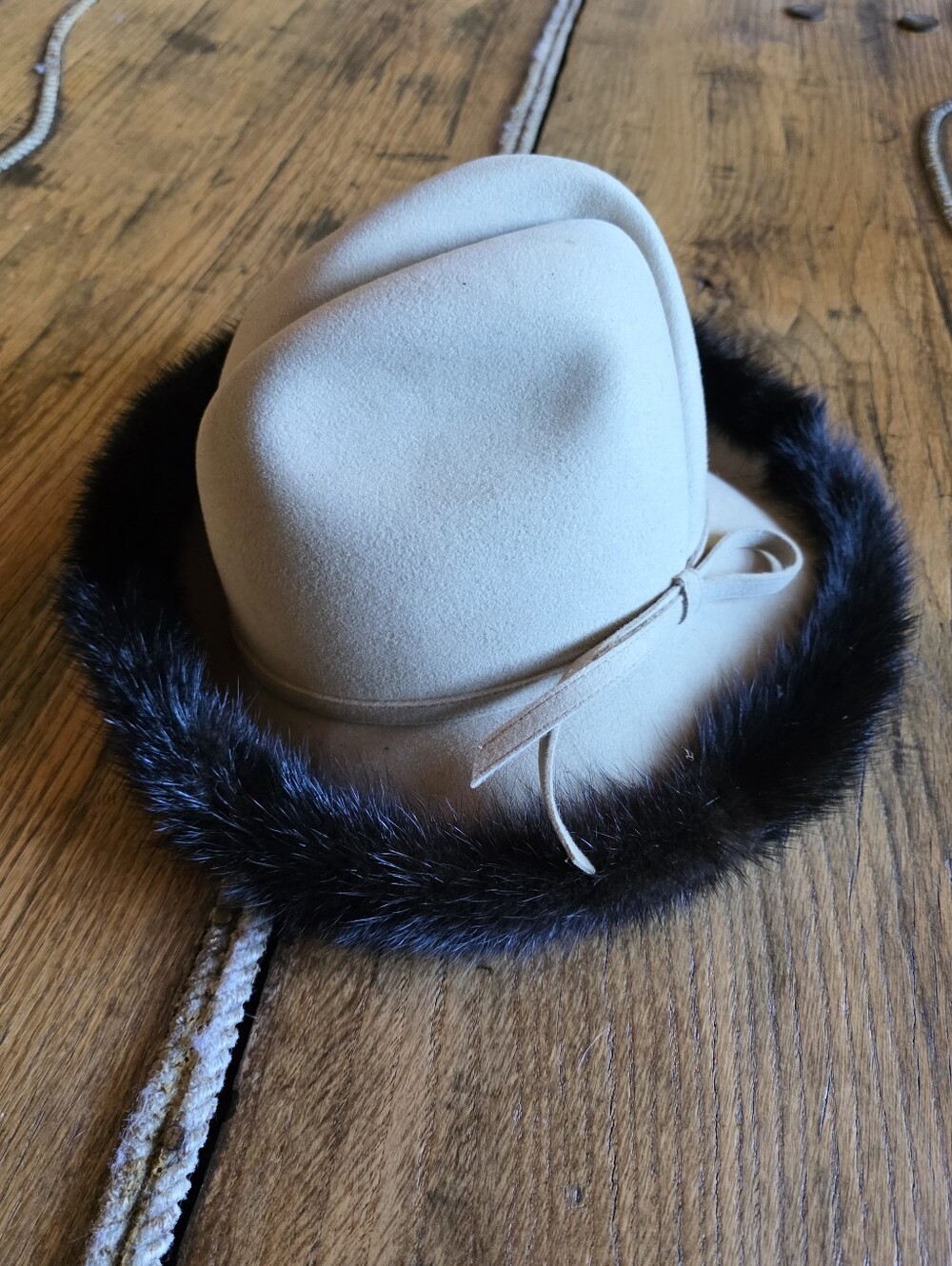 Mr. John Jr Tan Felt Fedora Hat with Dark Fur Trim